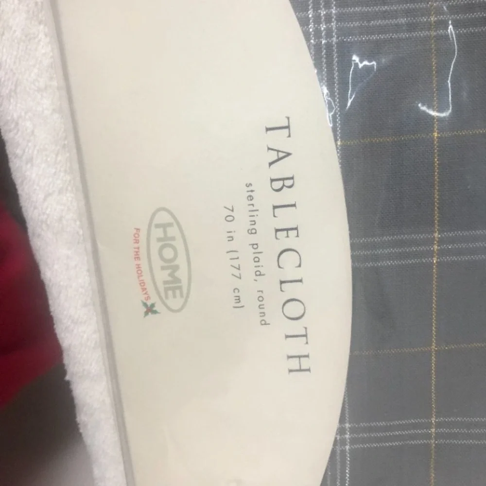 Home for the Holidays Tablecloth Gray w/Gold & Silver Plaid 70